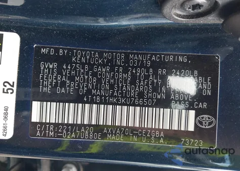 2019 Toyota Camry L/Le/Xle/Se/Xse z USA, uszkodzony, nr VIN 4T1B11HK3KU766507